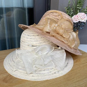 2023 Noi De Vara Eleganta Din Organza Cu Pălării De Soare Pentru Femei Elegante Flori Margine Largă Fedora Pălărie De Moda, Nunta Biserica, Petrecere Pe Plajă Capac