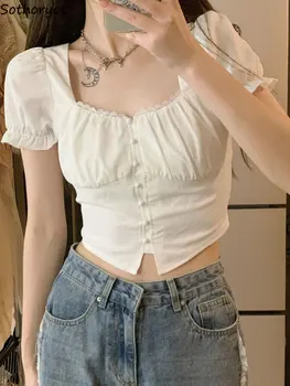 Bluze Femei Manșon de Puf de zi cu Zi Elegant de Moda Elevii Dantela-up Simplu Slim All-meci Solid Designer Kawaii coreeană Stil Retro