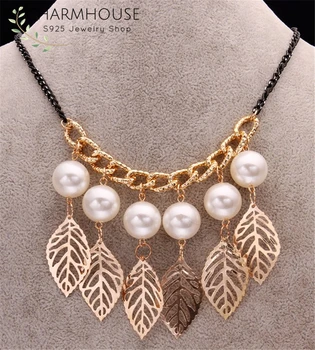 Coliere Pentru Femei Aur 18K Culoarea Pearl & Frunze Pandantiv Colier Collier Femme Cravată Toamna/Iarna Lanț Lung de Partid Cadouri