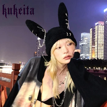 Harajuku Y2k Japoneză Timp De Iepure Ureche Pălărie Gothic Punk De Metal Lanț Negru Pălării Beanie Pentru Femei Drăguț Cald Streetwear Iepuras Cap