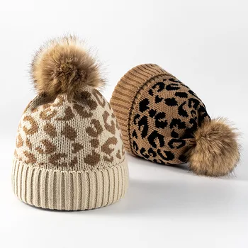Leopard De Imprimare Femei Pălărie Pompom Doamna Pac Caciulita Toamna Iarna Cald Tricotate Fete Pălării Solid Hairball Elastic Femei Capace Capota