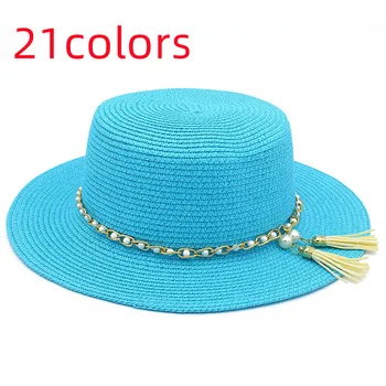 Palarie de soare New flat-top-pălărie de paie coreean moda lanț panglică elastică pălărie pălărie Plajă Bomboane de culoare palarie de soare