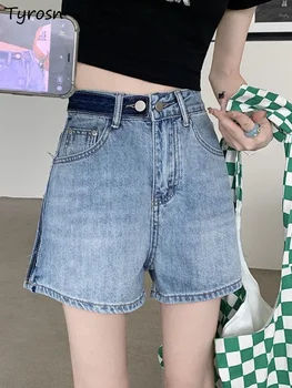 Pantaloni scurți Femei Mozaic de Vara din Denim Dificultate Simplu Direct de zi cu Zi Toate-meci de Studenți la Design de Agrement Stil coreean Confortabil Trendy