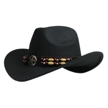 Retro Stea cu Cinci colțuri Scut Trupa Femei Bărbați /Copil Copil Lână Margine Largă Cald Vest Cowboy Pălărie Cowgirl Capac Melon (54-57-61cm
