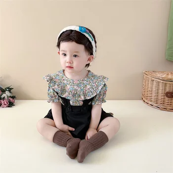 2023 Fete Baby Curea De Pantaloni Set De Vara Coreean Copil De Epocă Fragmentate Flori Camasa Cu Maneci Scurte Din Dantela Curea De Pantaloni Costum De Copil
