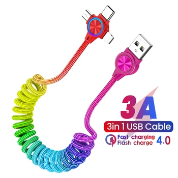 3in1 1M Primăvară Cablu de Date USB La Micro/8 Pin/Tip-C Cablu Retractabil 3A Încărcare Rapidă Cablu Pentru iPhone 14 13 12 Xiaomi Sansung