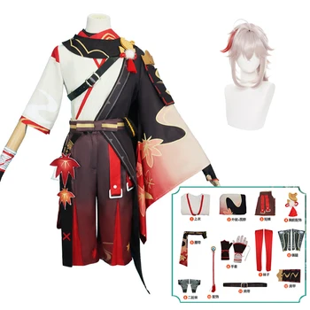Anime Genshin Impact Kaedehara Kazuha Cosplay Costum Carnaval De Halloween Costum De Samurai Perucă Roșie Ochelari Costum Petrecere
