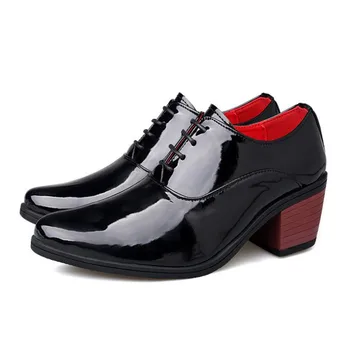 Bărbați de lux Rochie de Mireasa Pantofi din Piele Lucioasa 5cm Tocuri Înalte de Moda a Subliniat Toe Spori Pantofi Oxford Petrecere Bal Bărbați Încălțăminte