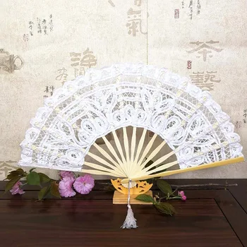 Chineză Pliere Fanii Epocă De Bambus Evantai Dantela De Mătase Pliere Mână Solidă Fan Dance Petrecere De Nunta Decor Acasă Ornamente Cadou