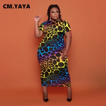 CM.YAYA Femei Plus Dimensiune Rochie de Imprimare cu Maneci Scurte Strechy Midi Bodycon Rochii Maxi Înalte de Moda Streetwear Tinutele de Vara 2021