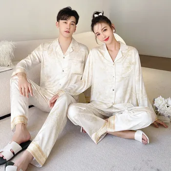 Cuplu de Primavara-Vara de Mătase, Cum ar fi Pijamale Femei Rever Maneca Lunga Imprimare Cardigan Acasă Costum pentru Bărbați de Mari Dimensiuni Subțire Homewear Set