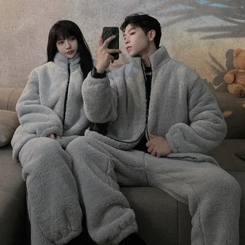 Cuplu Pijamale Femei Toamna Iarna Coral Fleece Cald Costum de Flanel Plus Catifea Îngroșarea Bărbați și Femei de Serviciu Acasă