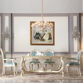 Franceză mobilier de sufragerie cu masă și scaun Europene pictat manual, foita de aur de masă și scaun combinație