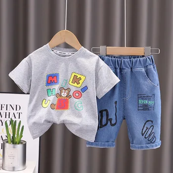 Haine de vară pentru Copii Desene animate O-gat Maneci Scurte T-shirt, Bluze și pantaloni Scurți din Denim Toddler Boys Tinuta Set Childrens Bebes se Potriveste