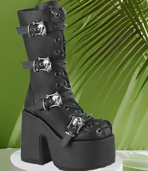 ippeum Femei Roz Platforma Cizme Jumătatea Vițel Botas Catarama Design din Piele Mata Cosplay Papusa Punk Indesata Negru Gotic Pantofi