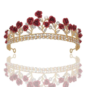 Moda Drăguț Dulce Verde Trandafir Rosu Floare Coroana De Cristal Elegant Hairband Tiara Mireasa Șeful Partidului De Nunta Bijuterii Accesorii De Par