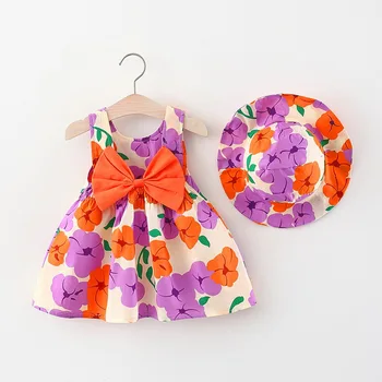 Moda Fată la Modă Haine Florale Arc Rochie 9m-4y Imbracaminte Casual de Vara Copii Drăguț fără Mâneci Fusta Copii Rochii + Hat