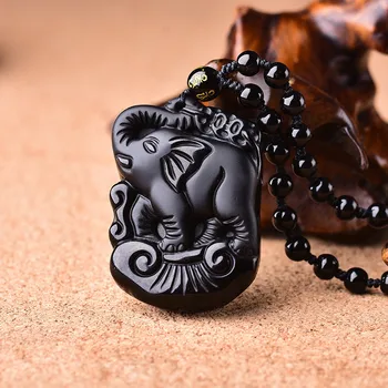 Picătură De Transport Maritim Naturale Obsidian Negru Sculptat Mama Copil Drăguț Elefant Amuleta Norocoasă Pandantiv Colier Moda Bijuterii Darul De Vindecare