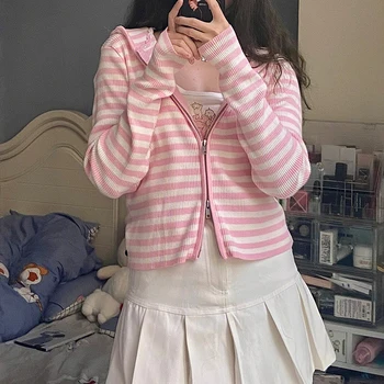 Primăvara 2023 Roz Cardigane Femei Cu Dungi Tricotate Bluze Cu Maneci Lungi Cu Fermoar Subțire Elastic Pulover Cu Gluga Harajuku Kawaii Haine