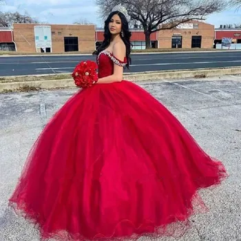 Red Vintage Rochie De Bal Rochii Quinceanera De Pe Umăr Appliqued Vestidos De 15 Anos Dulce 16 Bal