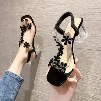 Sandale cu toc înalt Femei 2023 Vara Nou Stil de Moda de Flori Mici, Decor Catarama Transparent Toc Pătrat Pantofi pentru Femei