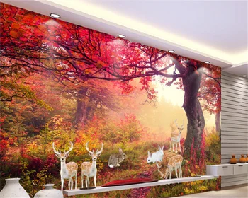Tapet personalizat Peisaj de Toamna Flori, Copaci, Animale, Frunze Roșii de Pădure Camera de zi Dormitor Fundal TV pictură Murală unul dintre un fel