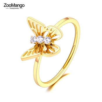 ZooMango Trendy Stras de Cristal Fluture Inele Pentru Femei Fete 18K Placat cu Aur din Oțel Inoxidabil Animal Inel Anillos ZR22025